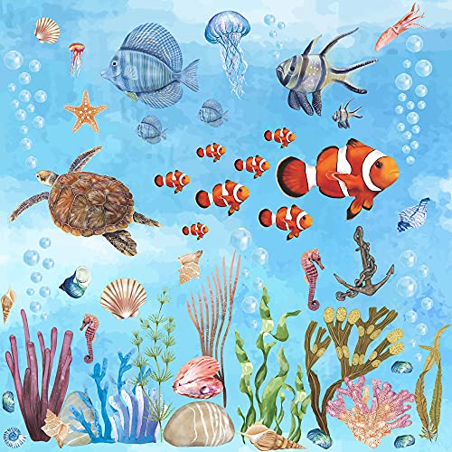 RW-1045 Colorful Ocean Animals Wall Decals 3D Undersea Marine Animals Wall Stickers DIY Removable Fish Coral Starfish Seaweed Sea View Animals Wall Art Decor for Kids Baby Bedroom Living Room Nursery