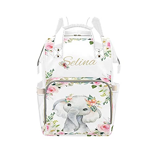 Personalized Cute Elephant Floral Diaper Bag Backpack with Name for Men Women Custom Nursing Baby Bags Shoulders Travel Bag Daypack