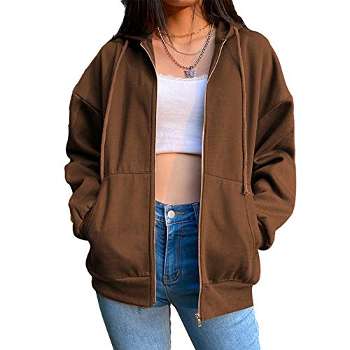 KUGUYIBO Women’s Oversized Sweatshirt Y2K E-Girl Hoodies Pullover for Teen Girls Long Sleeve Jackets Baggy Streetwear (Brown, l, l)