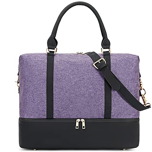 Womens Travel Weekend Bag Canvas Overnight Carry on Shoulder Duffel Beach Tote Bag (Purple with shoe comparment)