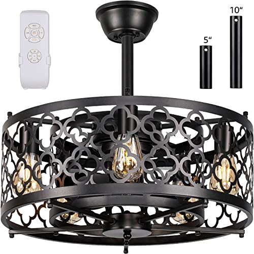 SUNVIE Caged Ceiling Fan with Lights Remote Control 21in industrial Bladeless Ceiling Fan Black Enclosed Ceiling Fan Light with Reversible Motor for Bedroom Kitchen Living Room 5 × E26 Base(No Bulb)