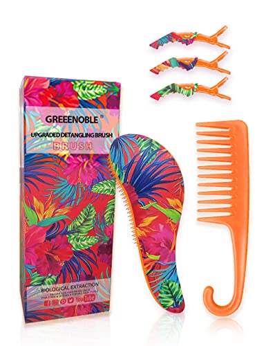 Detangling Hairbrush and Comb Set – Detangling Brush for Wet, Dry, Curly, Women & Kids Hair with Wide Tooth Comb and 3 Alligator Styling Sectioning Clips of Professional Hair Salon Quality (Tropica Plants)