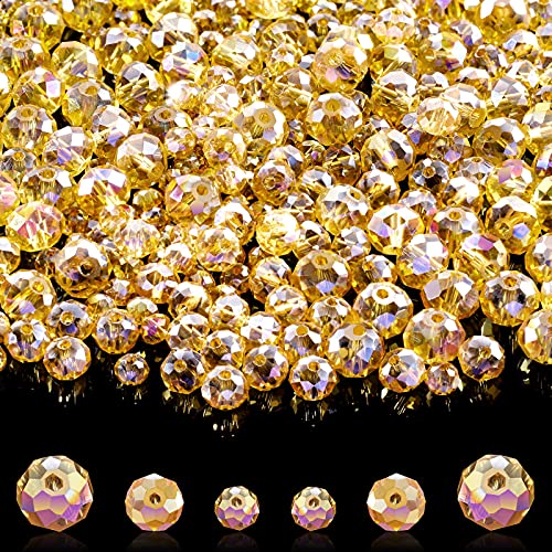 600 Pieces Crystal Rondelle Faceted Beads Gemstone Glass Beads Loose Beads for DIY Jewelry Making 8 mm, 6 mm, 4 mm (Champagne Gold)