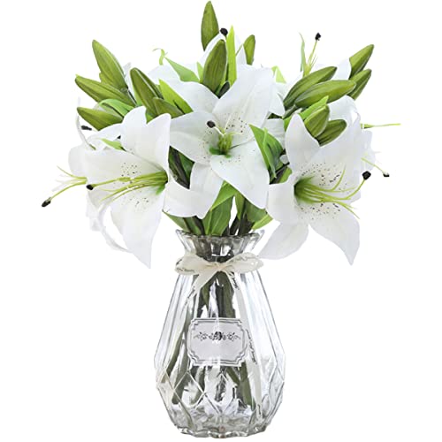Aiinoo Artificial Tiger Lily 5pcs Latex Fake Flowers Real Touch Bouquet for Wedding Party Home Office Garden Hotel Decor (White)