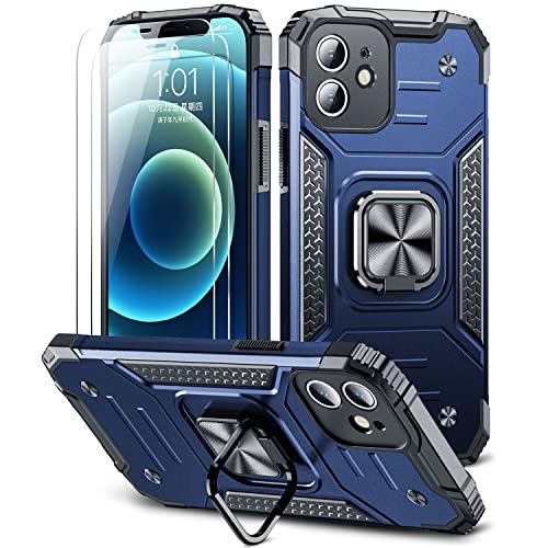 VOMODI Compatible for iPhone 12 Case,with Screen Protector 2Pcs,Heavy Duty Shockproof Bumper,with Magnetic Stand Ring & Camera Cover,Hard Protective Phone Cases for iPhone 12 6.1 inch Blue