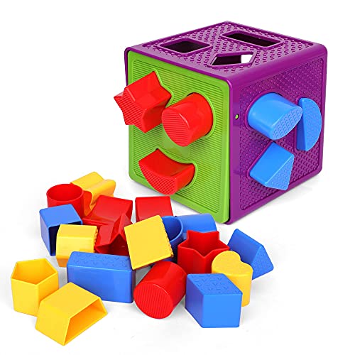 Playkidiz Shape Sorter Toy, Toddler and Baby Stem Sorting and Matching Activity Cube, 18 Blocks Colorful Sorter Box, My First Baby Toys Gift for Boys & Girls