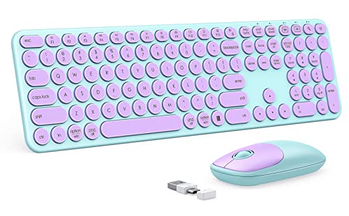 Wireless Keyboard and Mouse Combo, seenda USB / Type C Wireless Mouse and Keyboard for Mac and Windows, USB C Full Size Round Key Cute Keyboard for Mac, Windows 7/8/10, Laptop, Computer (Purple Green)