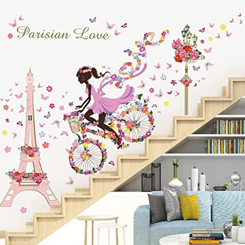 RW-9006 3D Flower Fairy Wall Decals Romance Paris Eiffel Tower Wall Stickers DIY Removable Girl Riding Bike Butterfly Floral Light Tower Decor for Girls Women Bedroom Living Room Nursery Decoration