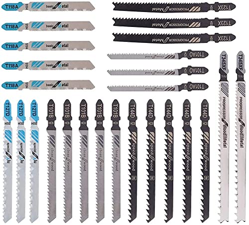 25pcs Jig Saw Blade Set,T-Shank Jigsaw Blades T118A T144D T101B T123X T101AO T127D T345XF,Straight and Fast Cutting for Wood,Plastic and Metal,Compatible with Bosch,Dewalt,Makita