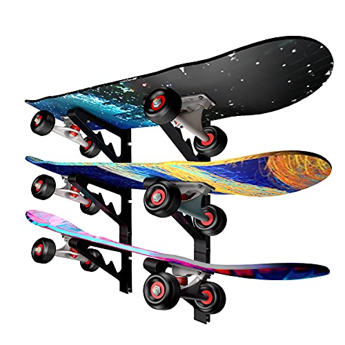 MIND&ACTION Skateboard Wall Mount Rack Board Display Wall Holder,Adjustable Storage Layers Space Saving Design,Versatile Wall Rack for Longboards Scooters Snowboards Skis (3 Board)