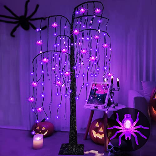 TURNMEON 5 Feet Lighted Halloween Tree Decor with Timer,108 LED Black Scary Willow Tree Purple Lighted 24 Spiders Ornaments Halloween Decorations Outdoor Indoor Holiday Home Yard Garden(Adapter/Timer)