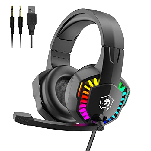 MANBASNAKE Gaming Headset for PS4 PC Xbox One PS5 Controller,Noise Cancelling Over Ear Headphones with Adjustable Mic,Breathing RGB Light,Bass Surround,Soft Memory Earmuffs for Laptop Mac Games(Black)