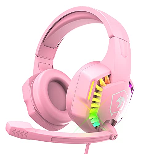 Wired Gaming Headset with Rainbow RGB Backlight Retractable Noise Isolating Microphone Stereo Sound Deep Bass Memory Foam Earmuff Over Ear Headphone for PS4 Xbox One Switch PC Mac Gamer Music (Pink)