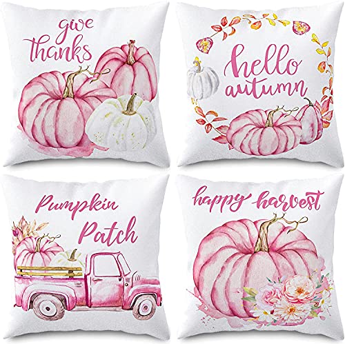 Whaline Hello Autumn Pillow Covers Pink Pumpkin Throw Cushion Cover Autumn Harvest Pillow Case Cushion Case for Fall Thanksgiving Sofa Couch Bedroom Home Office Decor, 18″ x 18″, 4Pcs