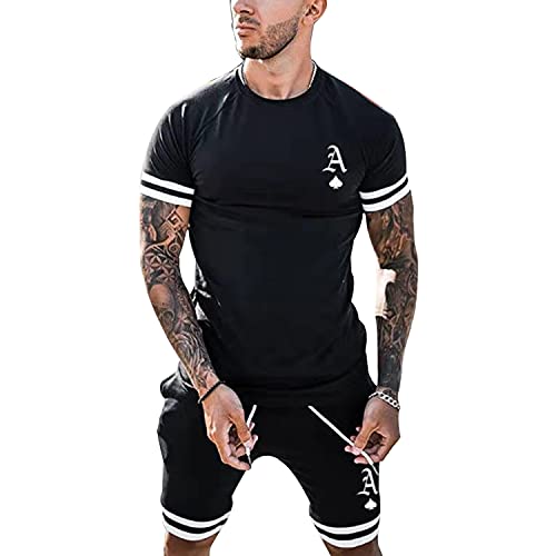 Baqian Men’s casual tracksuits Short Sleeve shorts suit 2-piece Outfit T-Shirt and Shorts Set (L, Black, l)…