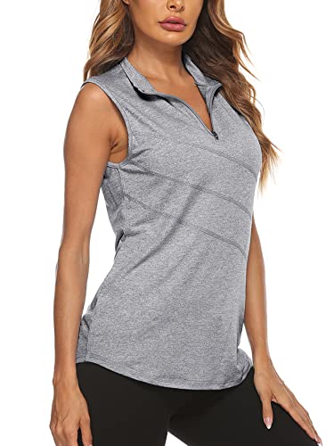Koscacy Golf Tank Top Women,Quarter Zip Quick Dry Polo Shirt Loose Fit V-Neck Solid Sleeveless Petite Tennis Tank Tops for Run Badminton Daily Casual Wear Grey X-Large
