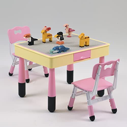 FLYING OLLY Kids Table and Chair Set with Block-Build Table & Dry-Erase Activity Table, Compatible Kids Art painting Table with 2 Drawers for Kids and Toddlers for Daycare, Classroom, Kids Room (Pink)