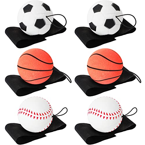 6 Pieces Wrist Return Ball Sports Wrist Ball Includes Basketball, Baseball and Football On A String Rubber Rebound Ball Wristband Toy for Children Kids Party Favor, Exercise or Play (1.85 Inch)
