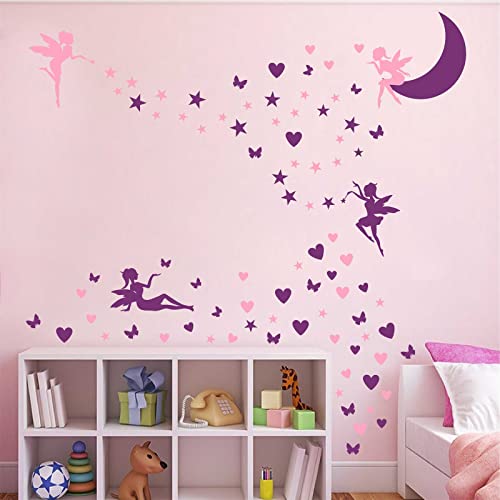 IKEYU Fairy Wall Sticker Girls Fairy Wall Decals Nursery Fairies Wall Stickers Butterfly Pink Purple Star Heart Wall Decals for Girls Bedroom Kids Room Decor