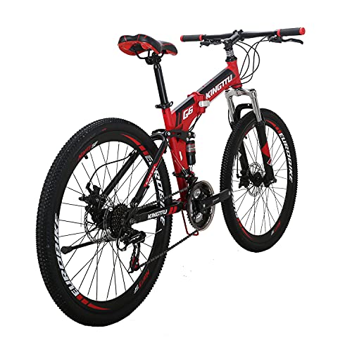 EUROBIKE YH-G6 Folding Bike for Adults 26 Inch Wheels 21 Speed Full Suspension Dual Disc Brakes Mountain Bikes Foldable Frame Bicycle (RED)