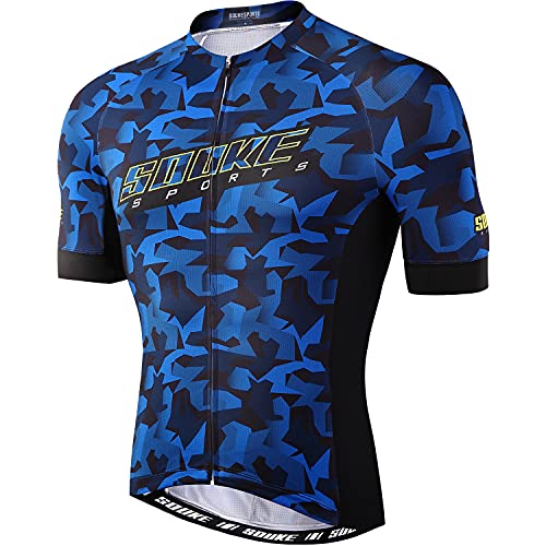 Souke Sports Men’s Cycling Bike Jersey Biking Shirts Short Sleeve Bicycle Clothing Zip Pocket(Blue,Large)