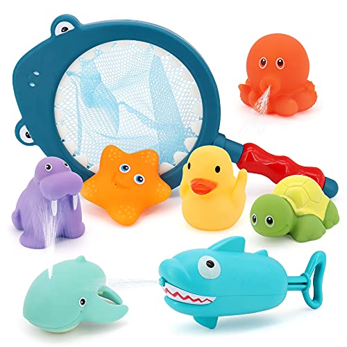 KIMSTONE Baby Bath Toys Bathtub Toys with Fishing Net Color Changing Floating Squirting Toys Fishing Game Pool Toys for Toddlers 1-3