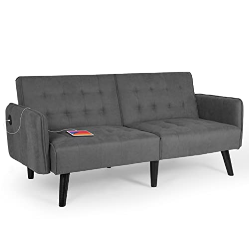 HFG 65in Modern Fabric Linen Upholstered Convertible 2 USB Folding Futon Couch Sofa Bed, Foldable Loveseat, Loveseats Furniture for Compact Small Space, Dorm, Living Room Apartment, Office, Dark Grey | The Storepaperoomates Retail Market - Fast Affordable Shopping