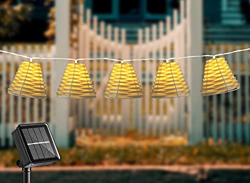 Outdoor Solar LED String Lights, 11ft 10LED Rattan Waterproof Patio Fairy Lights , 8 lighting modes with 5 hooks for Garden Backyard Balcony Christmas Party Wedding Decor, Warm White (Wood color)