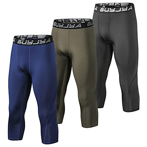 BUYJYA 3 Pack Men’s 3/4 Compression Pants Running Tights Workout Leggings Athletic Cool Dry Yoga Gym Clothes (XL, Blue-Army Green-Black, x_l)