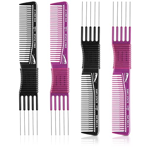 4 Pieces Carbon Lift Teasing Combs with Metal Prong Lift Teasing Comb and Hair Pick Salon Teasing Lifting Fluffing Comb with 5 Stainless Steel Pins for Women Most Hair Types (Artsy Style, Black and Purple)