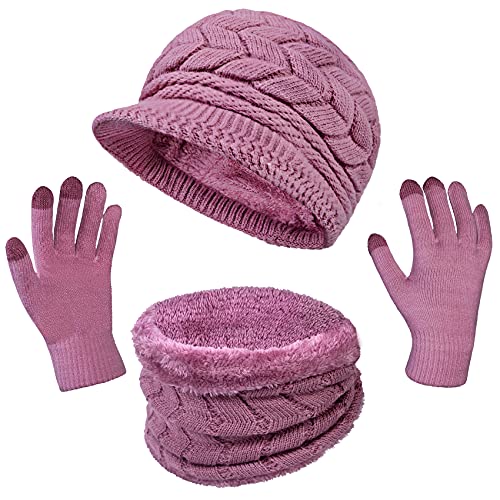 3-Pieces Winter Hat Gloves Scarf Set, Knit Warm Beanie Hat Neck Warmer Touch Screen Mittens for Women, Purple