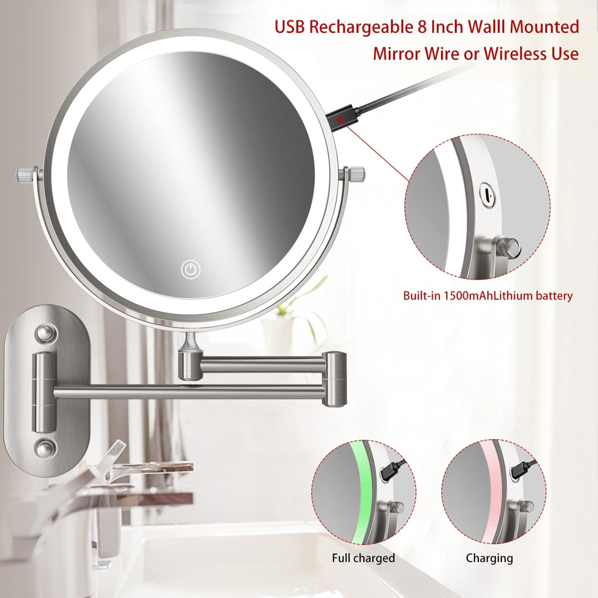 EREAL Rechargeable LED Lighted Makeup Mirror Wall Mounted Double Sided 10X Magnification Vanity 3 Colors Mode Settings Touch Sensor Dimming 360 Degree Rotation, Nickel Finish, Brushed Nickel… | The Storepaperoomates Retail Market - Fast Affordable Shopping