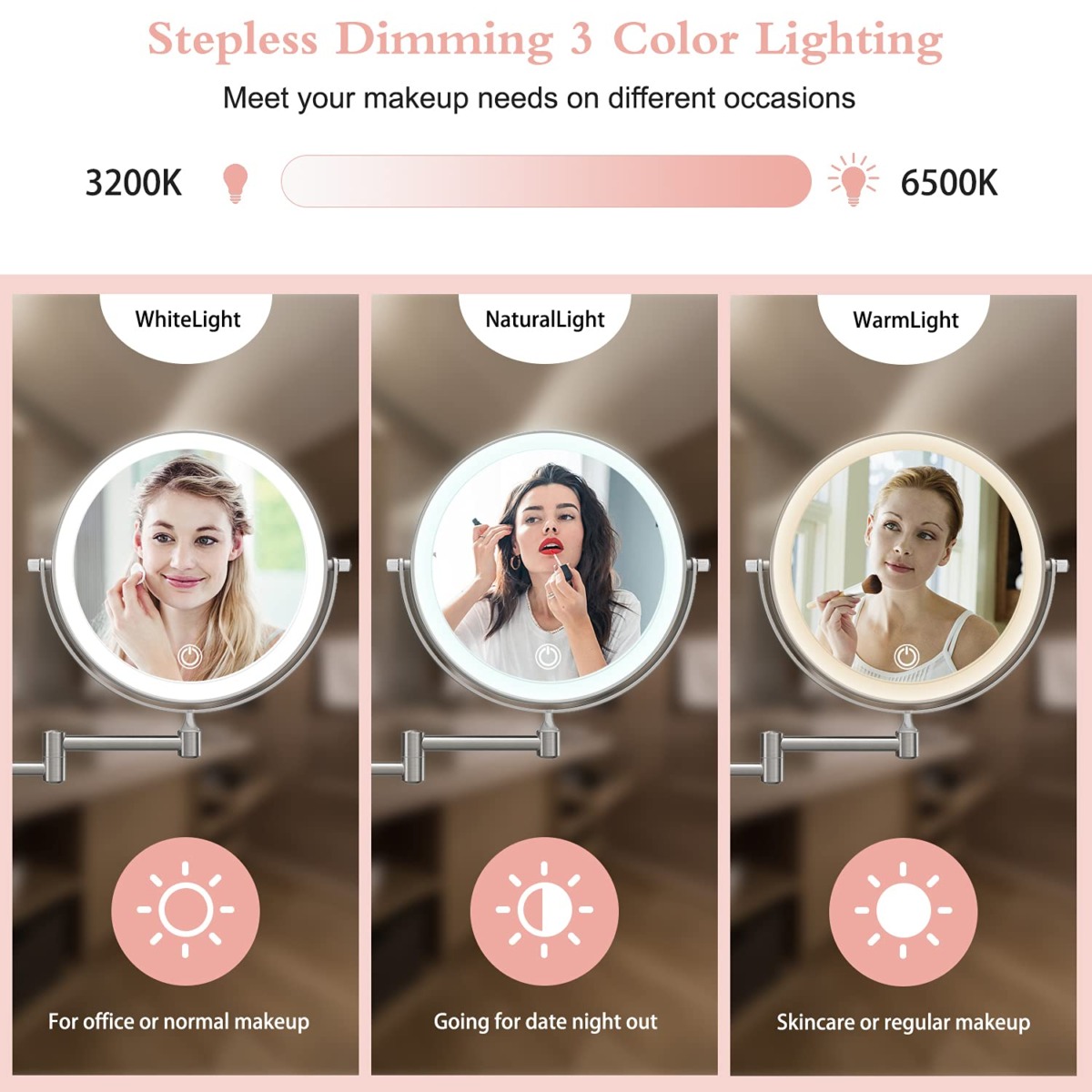 EREAL Rechargeable LED Lighted Makeup Mirror Wall Mounted Double Sided 10X Magnification Vanity 3 Colors Mode Settings Touch Sensor Dimming 360 Degree Rotation, Nickel Finish, Brushed Nickel… | The Storepaperoomates Retail Market - Fast Affordable Shopping