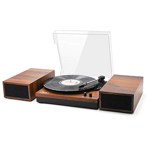 LP&No.1 Bluetooth Vinyl Record Player with External Speakers, 3-Speed Belt-Drive Turntable for Vinyl Albums with Auto Off and Bluetooth Input，Mahogany Wood
