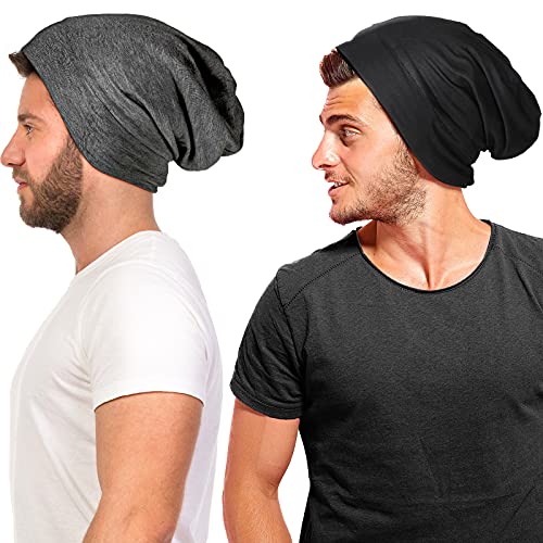 2 Pieces Silk Satin Bonnet for Mens with Natural Curly Wave Hair (Black, Dark Grey)
