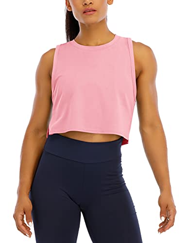 HIOINIEIY Womens Crop Top Workout Cropped Shirts Muscle Tank Athletic Gym Exercise Clothes Pink S