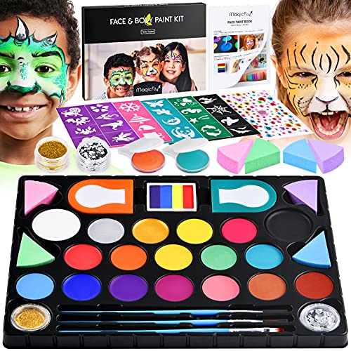 Magicfly Face Painting Kit – 18 Colors Face Paint Kits, Non-Toxic Water Based Body Paint with Stencils, 2 Glitters, Brushes, Hair Chalk, Professional Halloween Makeup Kit for Party, Festival, Cosplay
