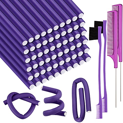 64 Pieces Flexible Curling Rods Hair Twist Flexible Rod Foam Curler Roller with Hair Edge Brush and Comb for Women Girl Short Medium Long Hair (Purple,0.8 x 24 cm)
