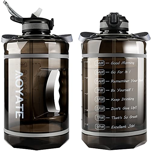 1 Gallon /128 OZ Motivational Water Bottle with Time Marker & Straw, Leakproof Large Water Jugs with Handle, [Wide Mouth] Tritan BPA Free Sports Water Bottle for Fitness Gym Outdoor Sports (Black)