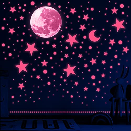 1630 Pieces Glow in The Dark Stars for Ceiling Glow in The Dark Stars and Moon Wall Decals Luminous Stickers for Bedroom Boys Girls Nursery Living Room (Fluorescent Pink)