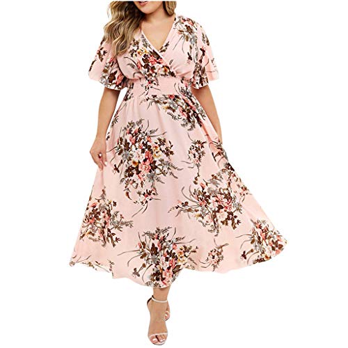 MIANHT Womens Summer Dresses Floral Plus Size Half Sleeve V Neck Wrap Dress High Waist Flowy Loose Casual Summer Beach Dress Pink
