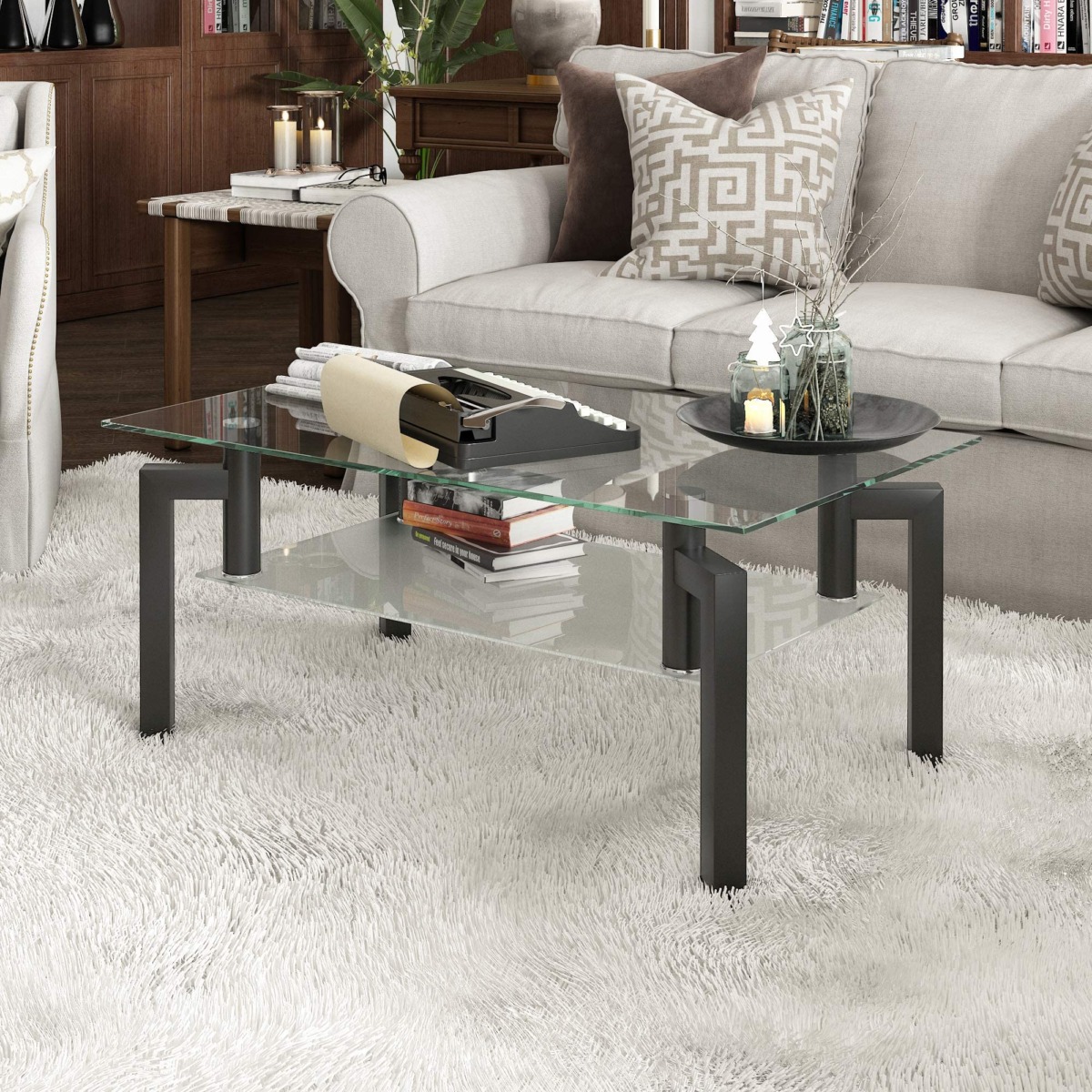 IANIYA Glass Coffee Table Black Rectangle Tempered Metal Tube Legs for Livingroom | The Storepaperoomates Retail Market - Fast Affordable Shopping