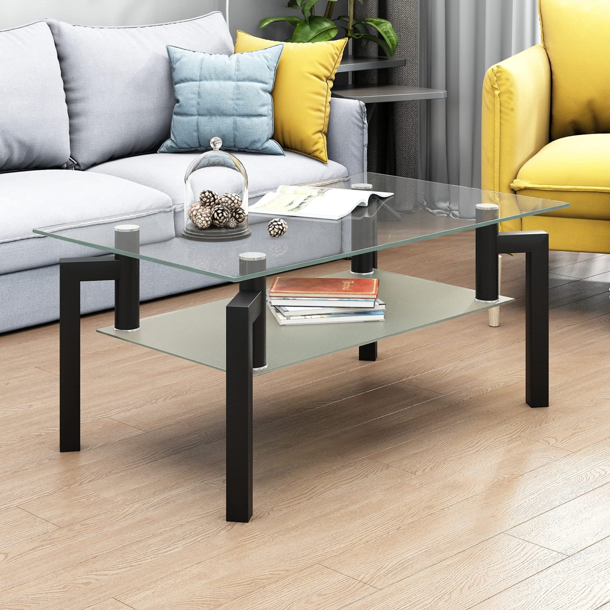 IANIYA Glass Coffee Table Black Rectangle Tempered Metal Tube Legs for Livingroom | The Storepaperoomates Retail Market - Fast Affordable Shopping