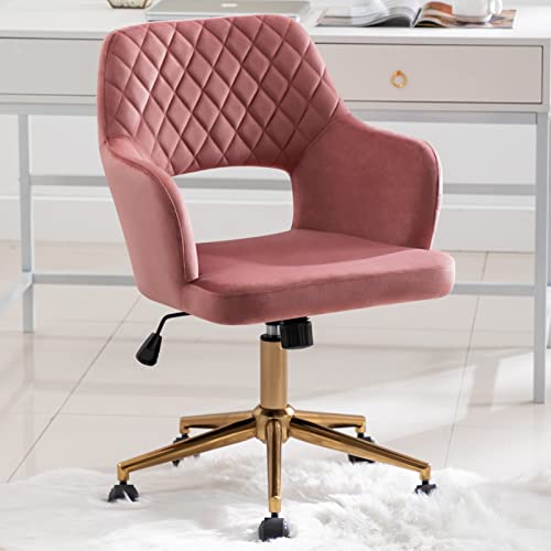Duhome Velvet Home Office Desk Chair with Wheels, Armchair Adjustable Swivel Accent Chair with Hollow Mid-Back Backrest, Upholstered Computer Chair for Living Room Bedroom, Pink/Golden Base