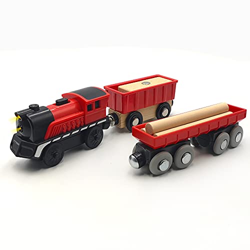 DSHMIXIA Battery Operated Cargo Train for Wooden Train Track Set Toys for Toddlers 3 4 5 Year Old Boys Kids Magnetic Couplings Construction site Fram Harbor Vehicle (Without Battery)