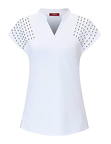 Felisou Womens Golf Shirts Short Sleeve,Polo Shirts Short Sleeve Sport Gym Shirts Workout Athletic Tops Breathable Lightweight Quick Dry Running Shirts White L