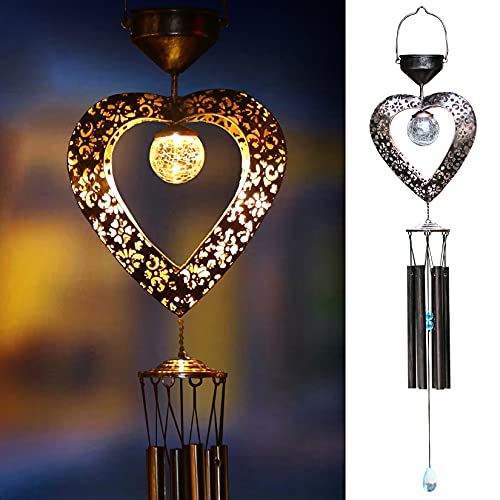 Solar Wind Chimes for Outside Deep Tone Heart LED Crackle Glass Ball LED Decor Light Windchime Metal Elegant Hanging Decorations Gifts for Mom Women Yard Porch Birthday Christmas Mother Gift (Bronze)