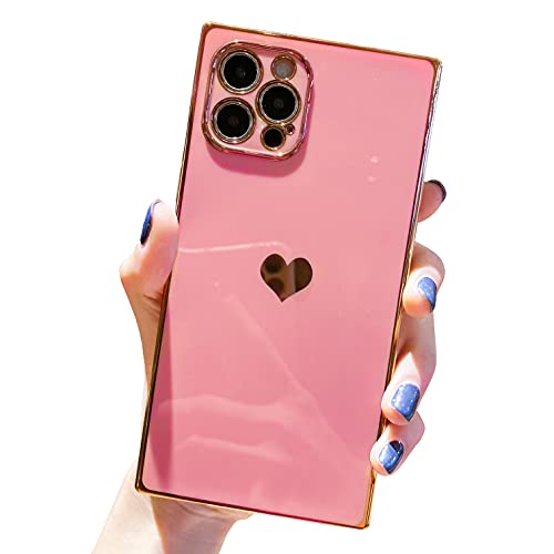 Tzomsze Square iPhone 12 Pro Max Case, Cute Full Camera Lens Protection & Electroplate Reinforced Corners Shockproof Edge Bumper Case Compatible with iPhone 12 Pro Max [6.7 inches] -Candy Pink
