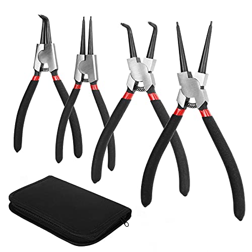 4 Piece 7-Inch Internal/External Snap Ring Pliers Set Heavy Duty Circlip Pliers Kit Straight/Bent Jaw Pliers for Ring Remover Retaining and Remove Hoses with Zipper Storage Pouch