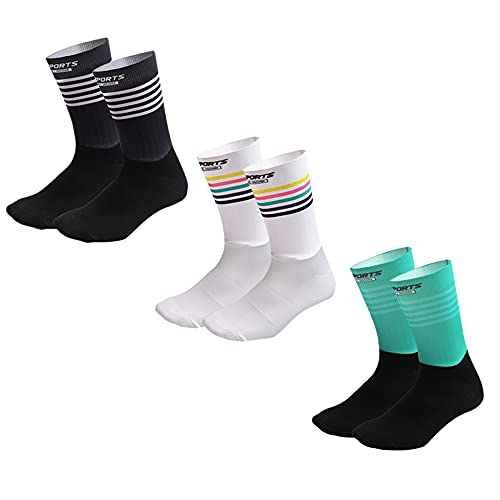 DH SPORTS Cycling Socks for Mens Breathable Running Socks 3 Pairs Size 6-11 Performance Athletic Socks (Black/White/Green)